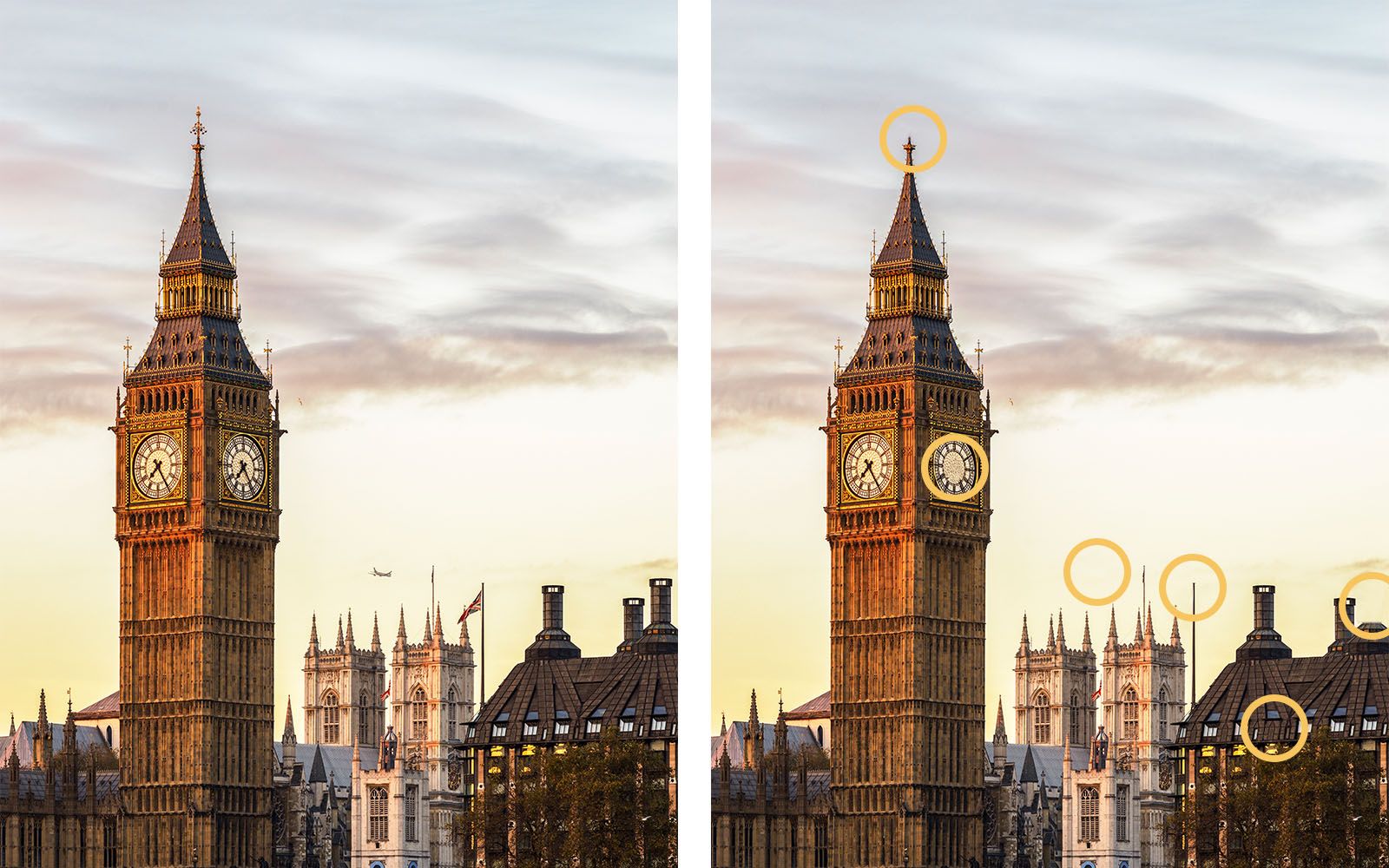 લંડનમાં બિગ બેન ક્લોક ટાવર. તફાવત દર્શાવતી સમાન છબીઓમાંથી બે.